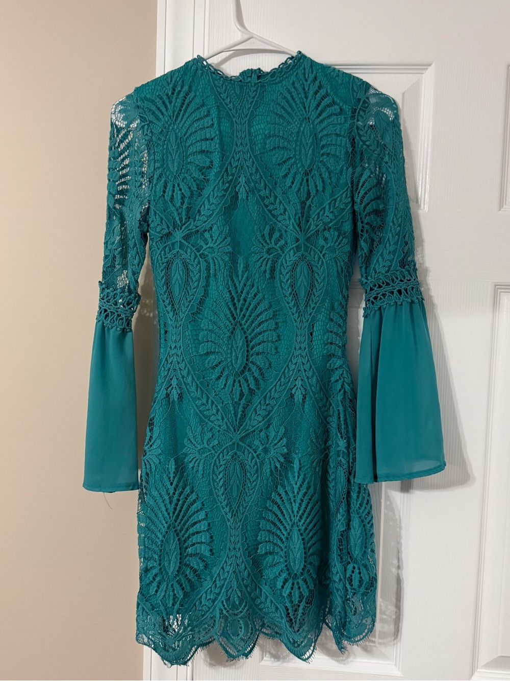 Teal Lace Long-Sleeve Bell Cuff Dress - Women
